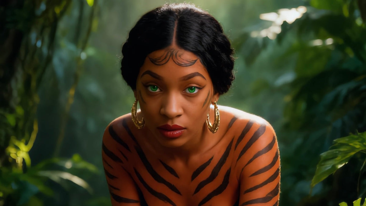 Woman in tiger-inspired body paint crouching in a jungle