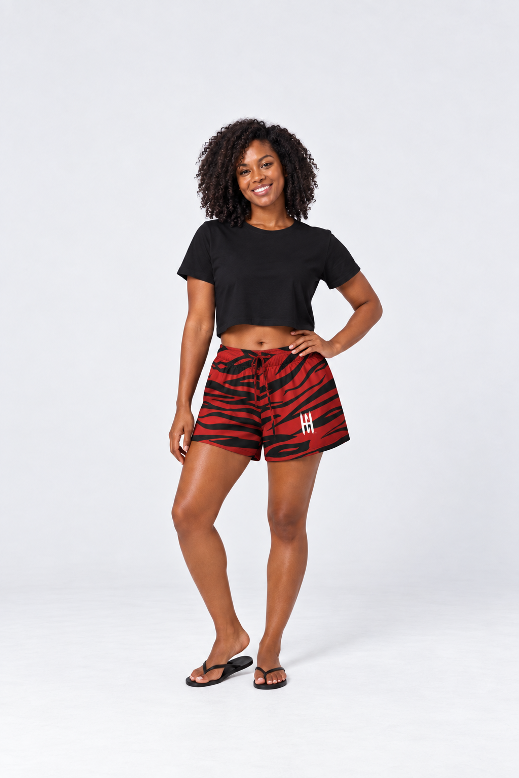 Ladies Tiger Stripe Pajama Shorts - Crimson Red/Black