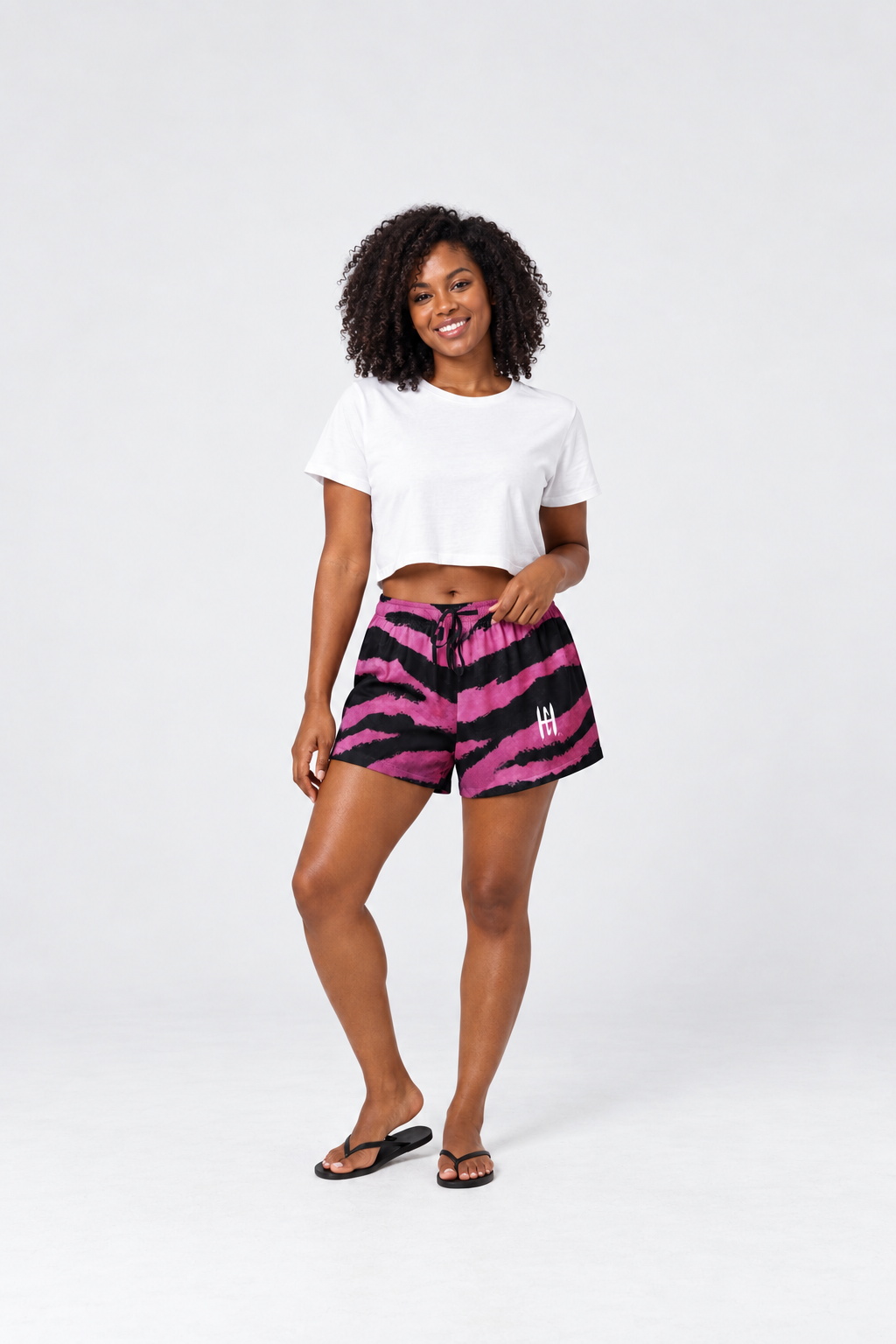 Ladies Tiger Stripe Pajama Shorts - Electric Pink/Black